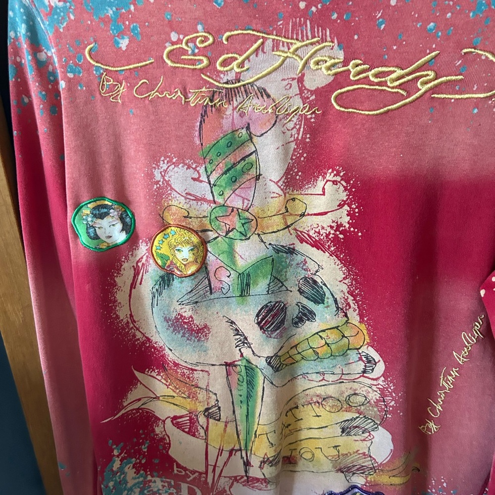 ED HARDY 1990s Vibrant Red and Teal Hoodie - Picture 3 of 5